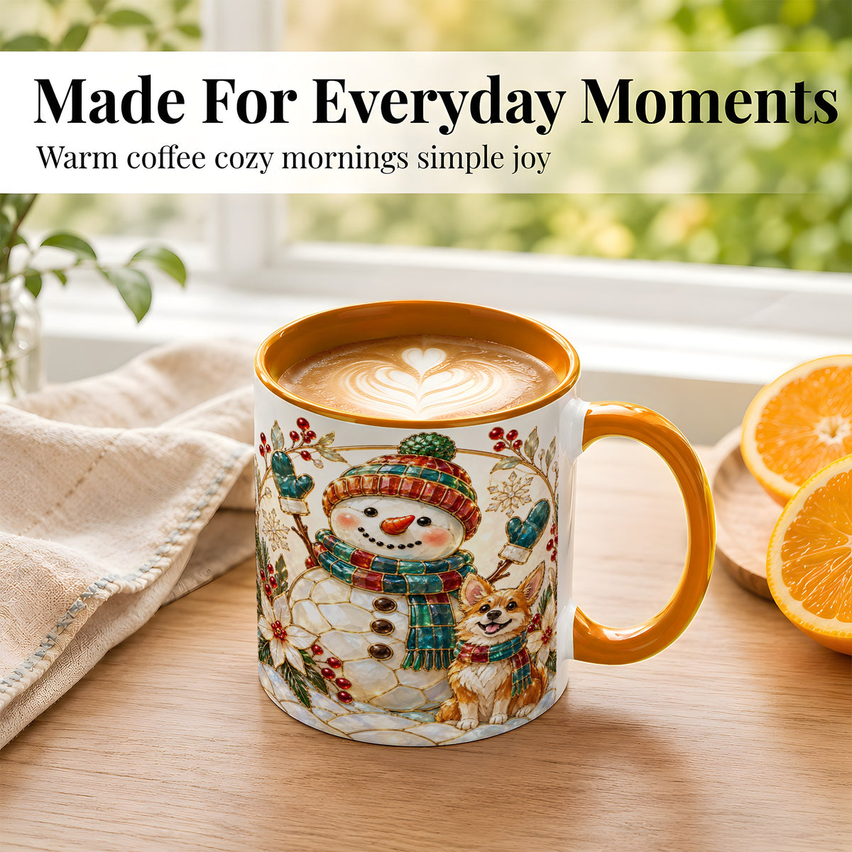 #pl[11oz|Orange] Snowman and Corgi Coffee Mug, Christmas Snowman Mug, Ceramic Cup