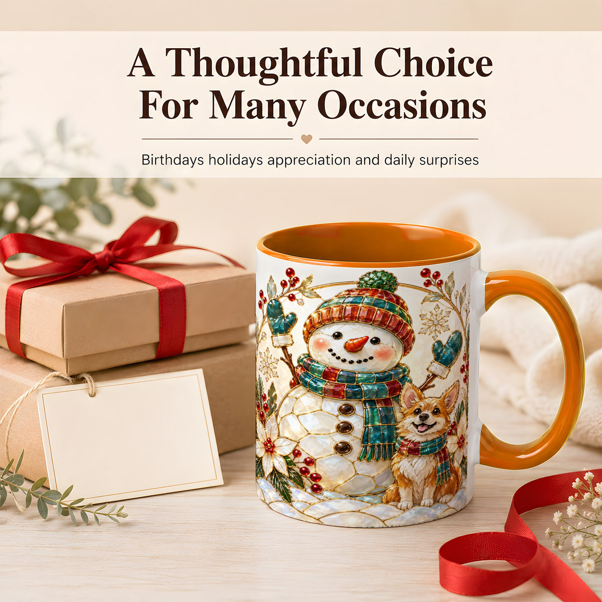 #pl[11oz|Orange] Snowman and Corgi Coffee Mug, Christmas Snowman Mug, Ceramic Cup