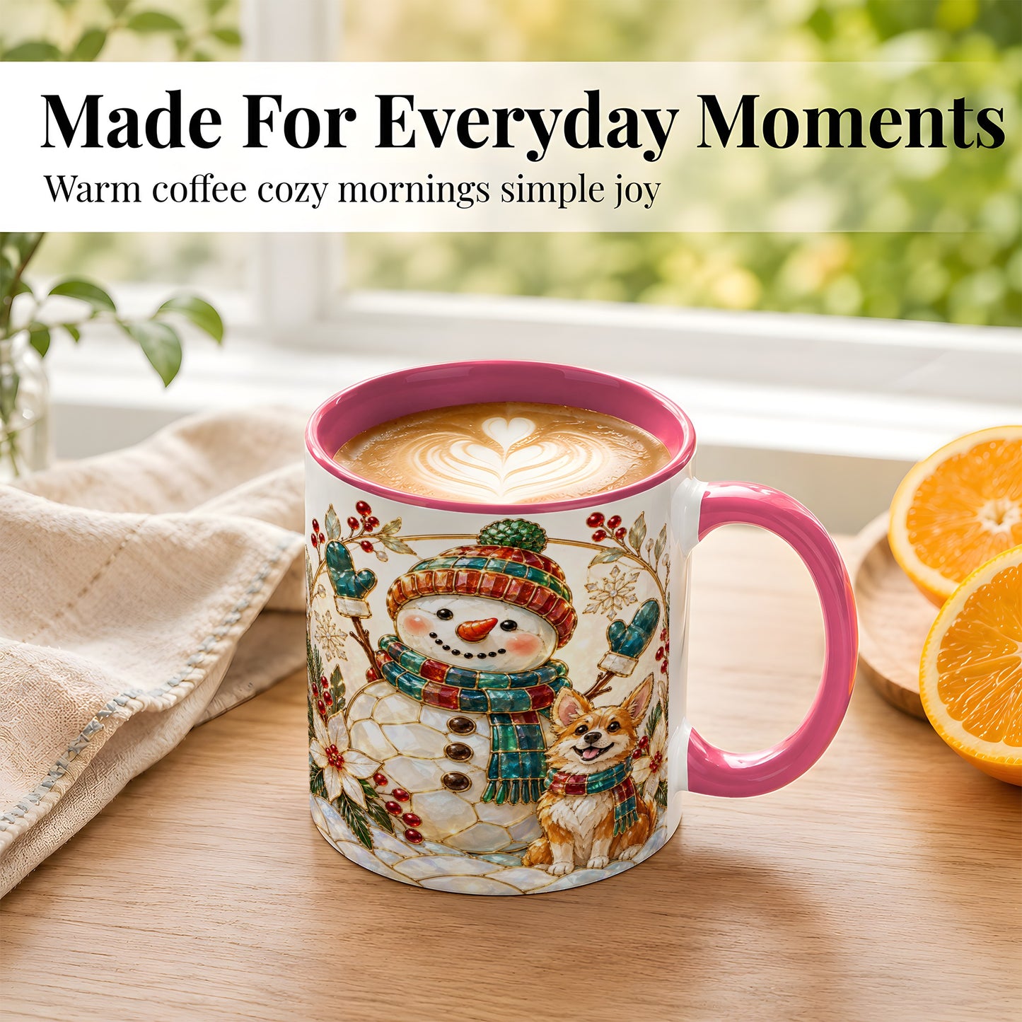 #pl[11oz|Pink] Snowman and Corgi Coffee Mug, Christmas Snowman Mug, Ceramic Cup
