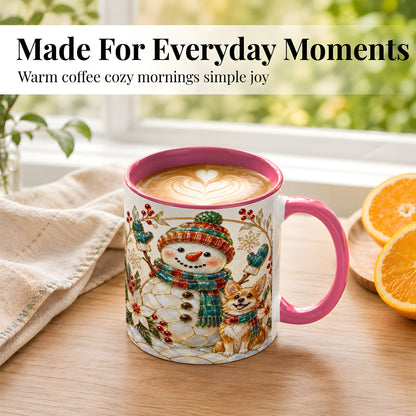 #pl[11oz|Pink] Snowman and Corgi Coffee Mug, Christmas Snowman Mug, Ceramic Cup