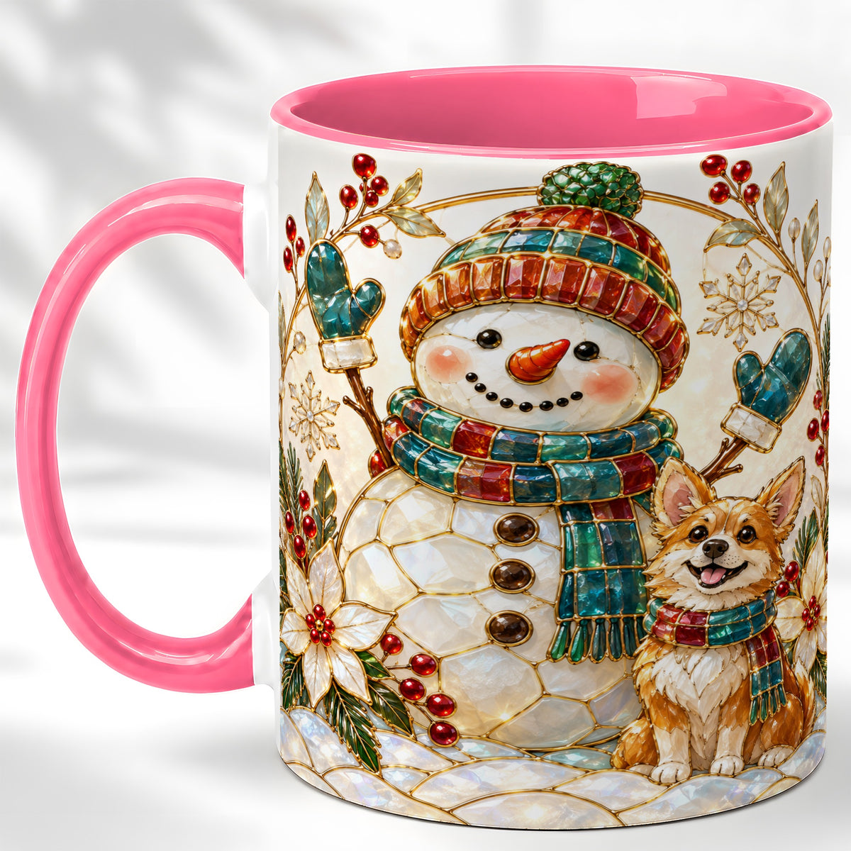 #pl[11oz|Pink] Snowman and Corgi Coffee Mug, Christmas Snowman Mug, Ceramic Cup
