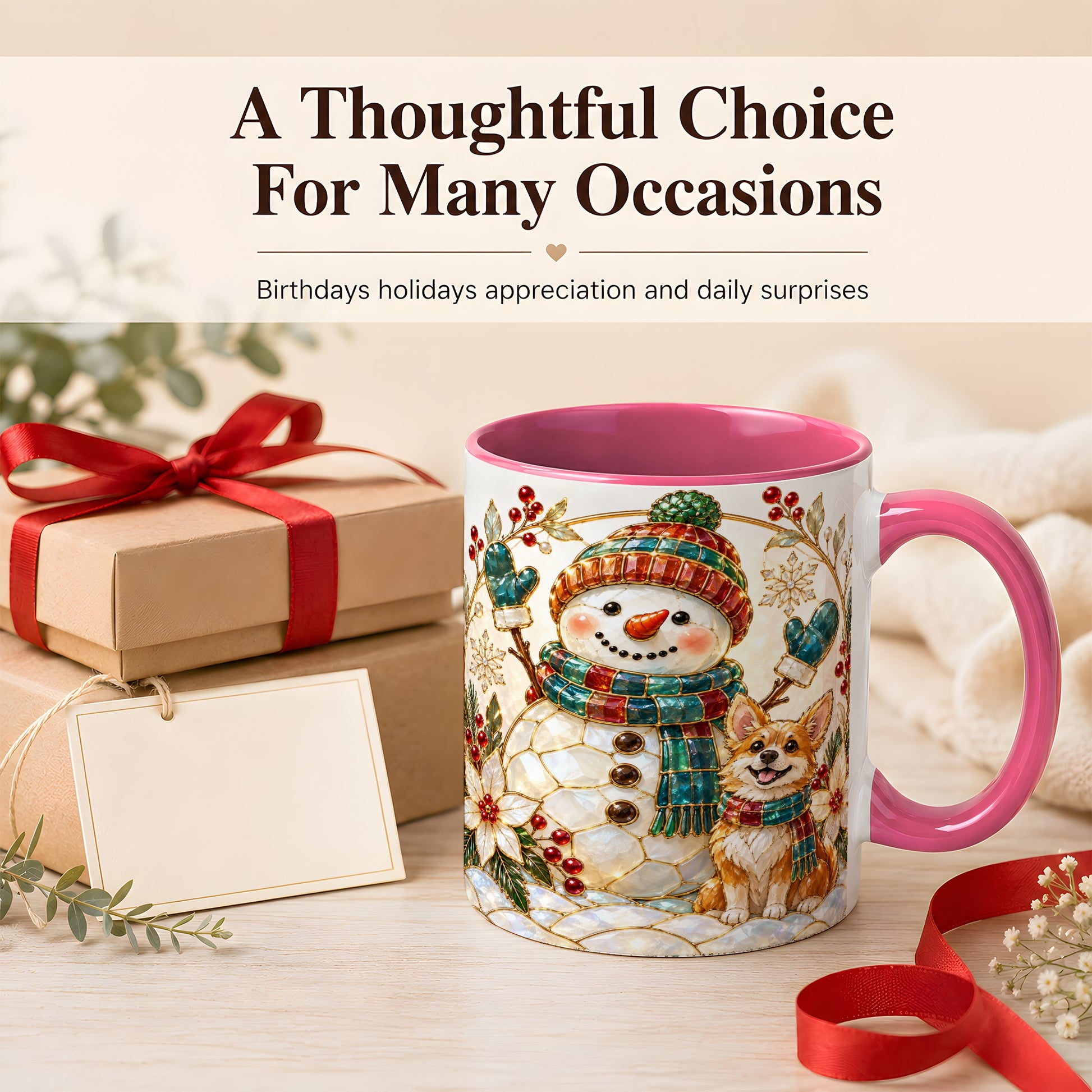 #pl[11oz|Pink] Snowman and Corgi Coffee Mug, Christmas Snowman Mug, Ceramic Cup