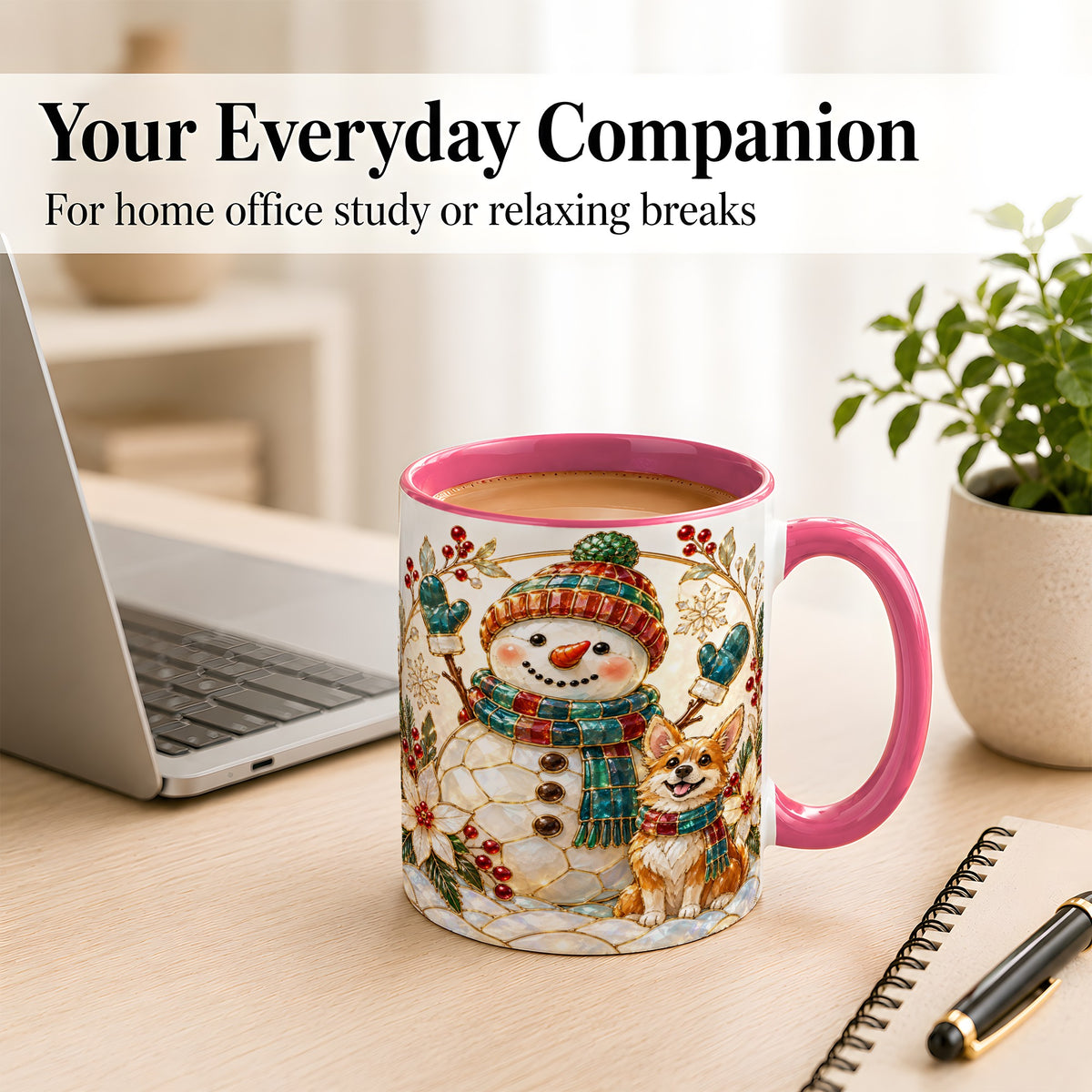 #pl[11oz|Pink] Snowman and Corgi Coffee Mug, Christmas Snowman Mug, Ceramic Cup