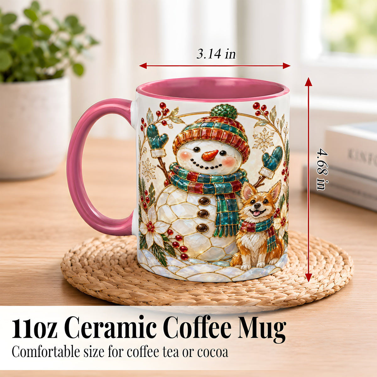 #pl[11oz|Pink] Snowman and Corgi Coffee Mug, Christmas Snowman Mug, Ceramic Cup