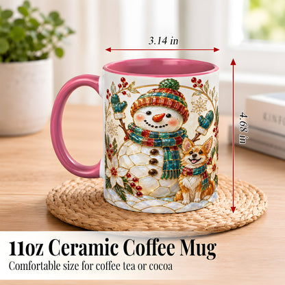 #pl[11oz|Pink] Snowman and Corgi Coffee Mug, Christmas Snowman Mug, Ceramic Cup