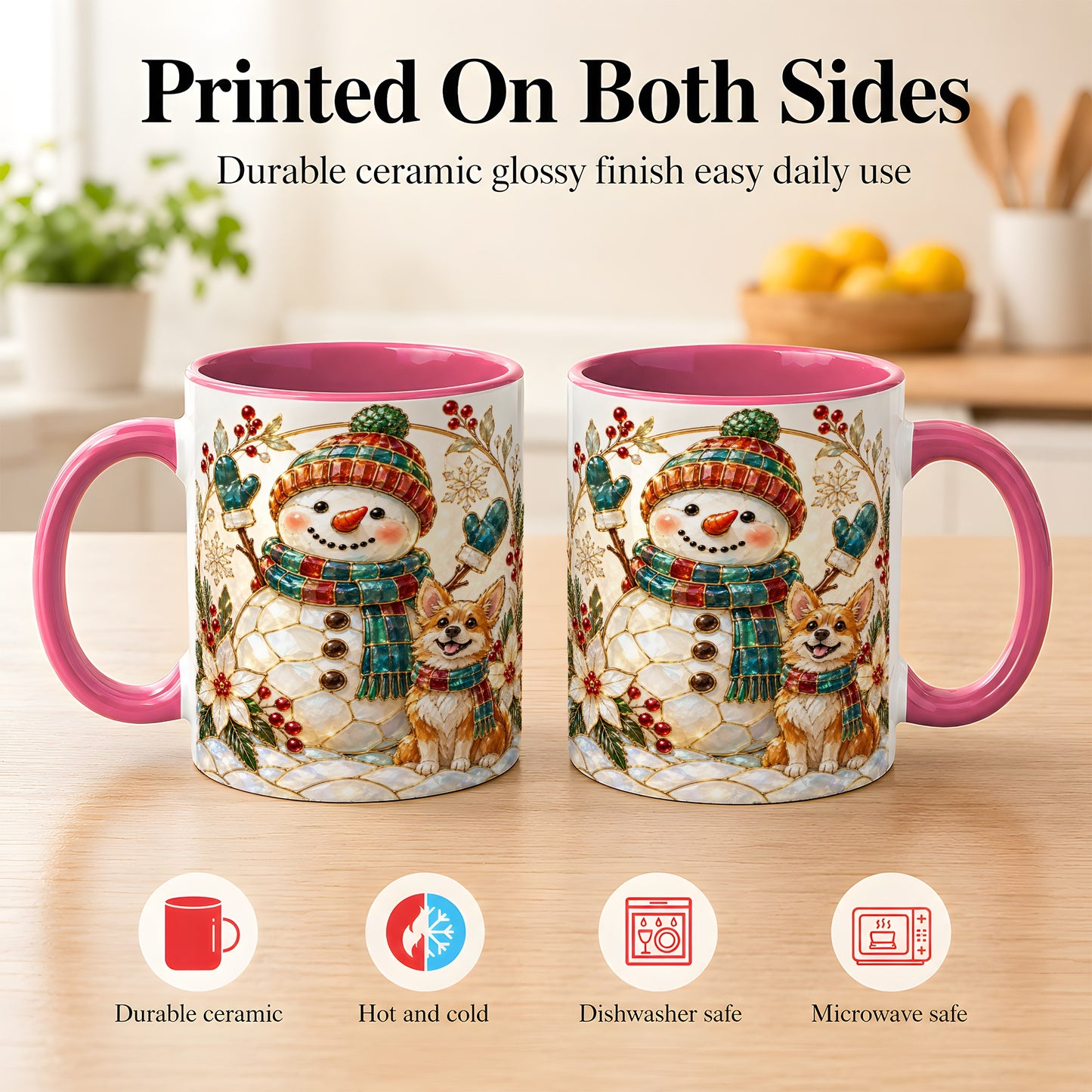 #pl[11oz|Pink] Snowman and Corgi Coffee Mug, Christmas Snowman Mug, Ceramic Cup