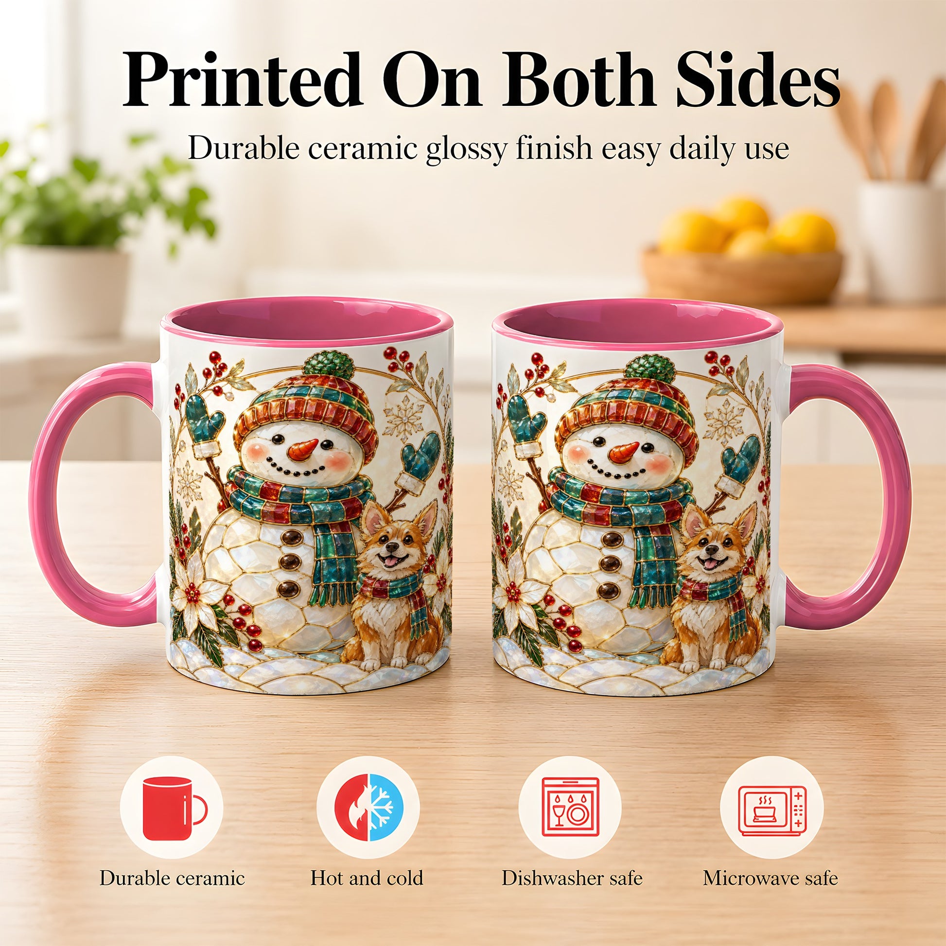 #pl[11oz|Pink] Snowman and Corgi Coffee Mug, Christmas Snowman Mug, Ceramic Cup