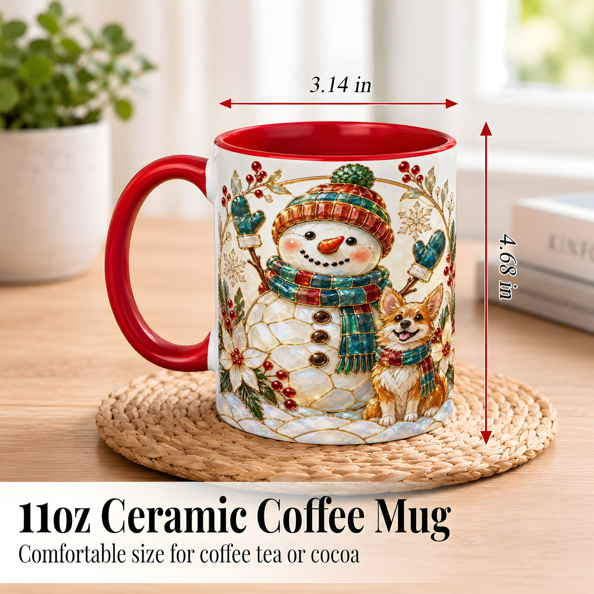 #pl[11oz|Red] Snowman and Corgi Coffee Mug, Christmas Snowman Mug, Ceramic Cup