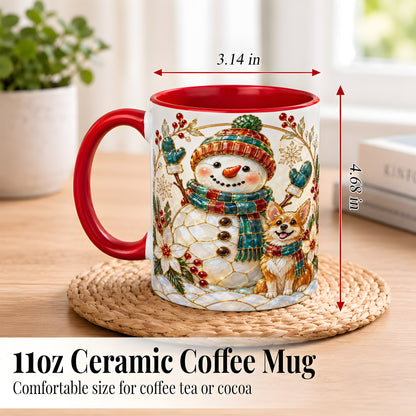 #pl[11oz|Red] Snowman and Corgi Coffee Mug, Christmas Snowman Mug, Ceramic Cup