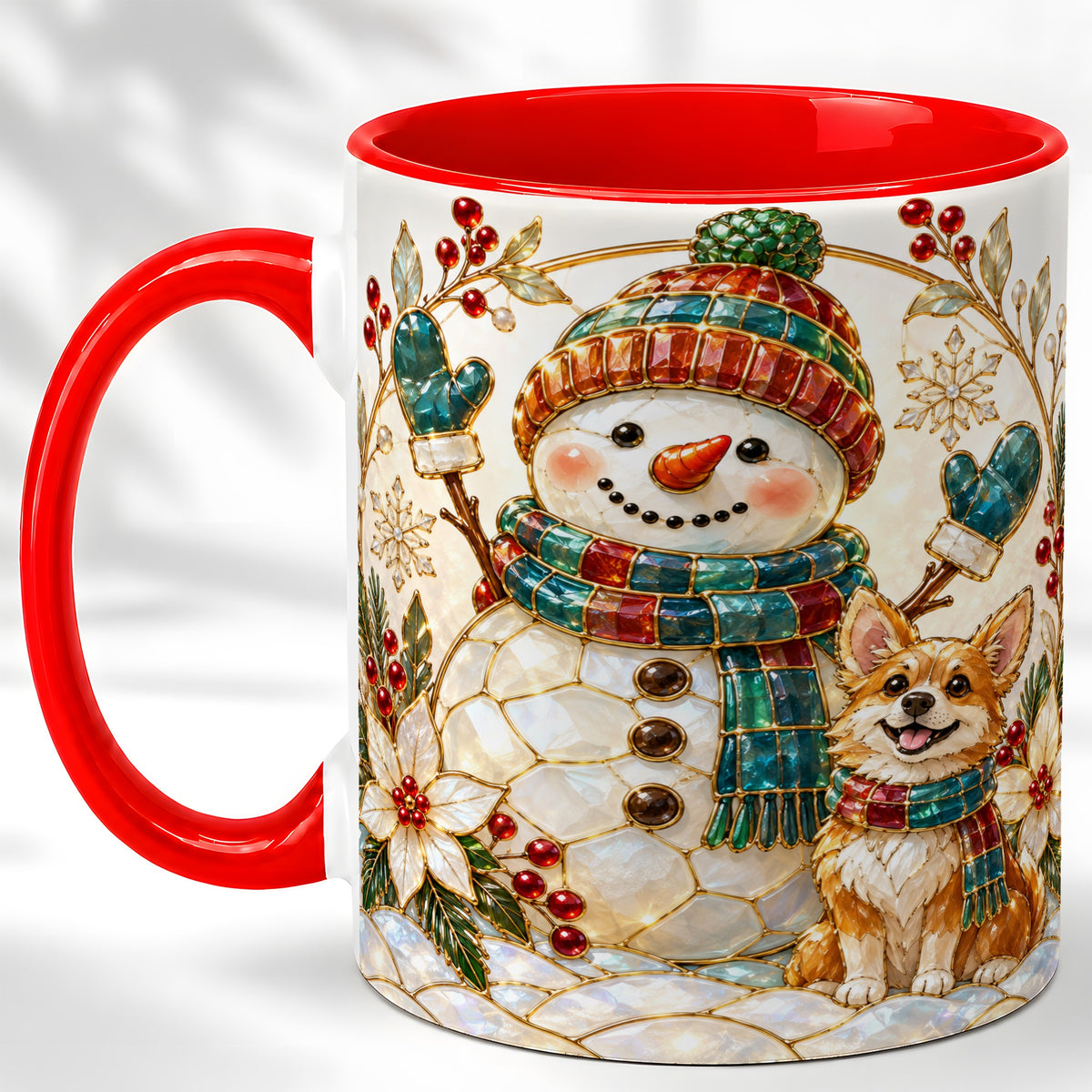 Snowman and Corgi Coffee Mug, Christmas Snowman Mug, Ceramic Cup