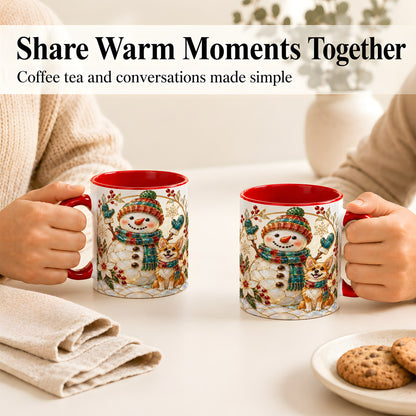 #pl[11oz|Red] Snowman and Corgi Coffee Mug, Christmas Snowman Mug, Ceramic Cup
