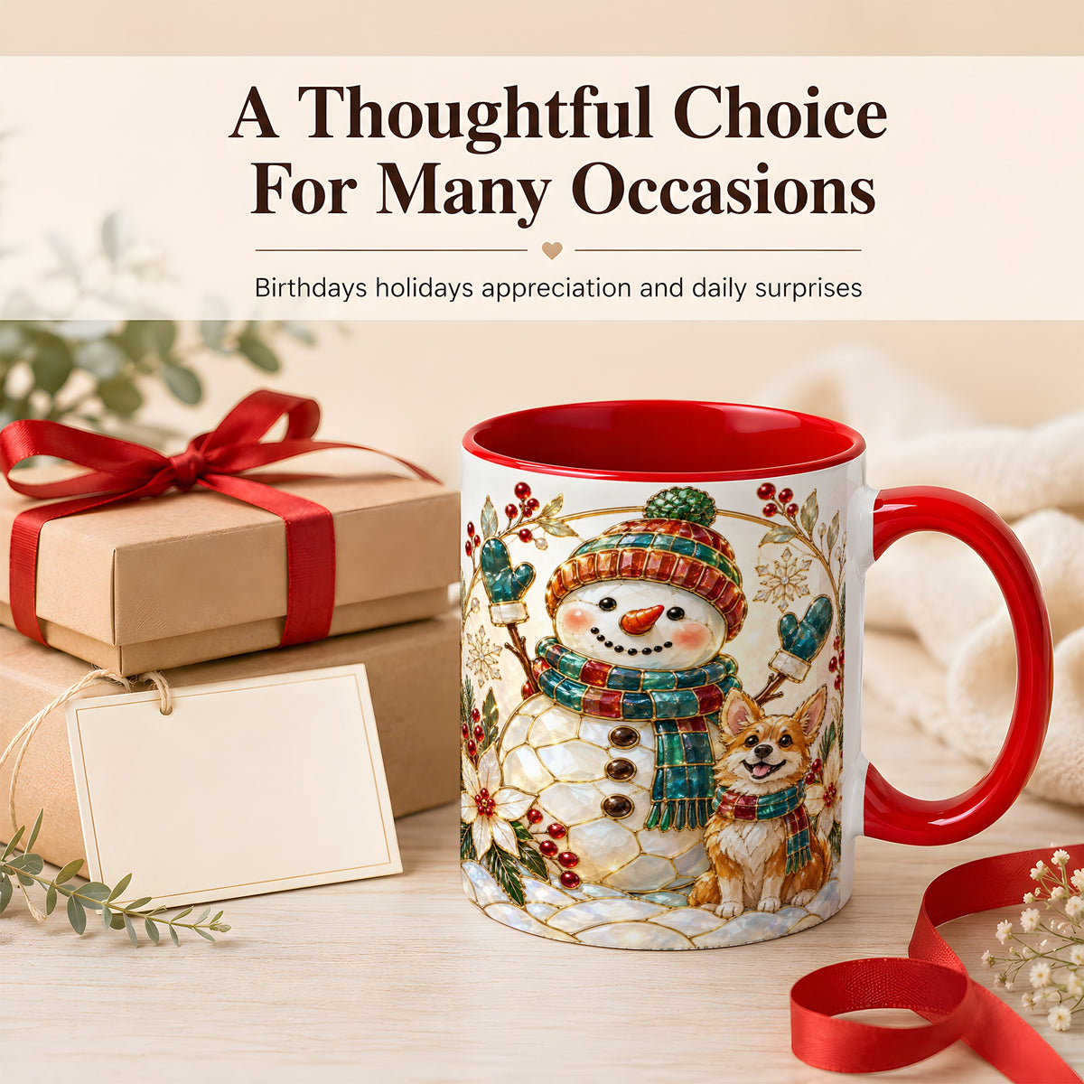 #pl[11oz|Red] Snowman and Corgi Coffee Mug, Christmas Snowman Mug, Ceramic Cup