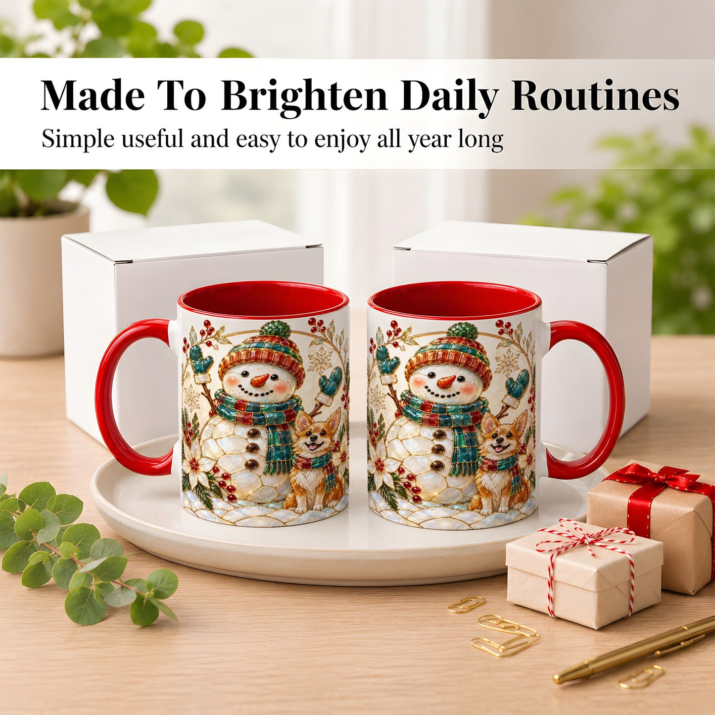 #pl[11oz|Red] Snowman and Corgi Coffee Mug, Christmas Snowman Mug, Ceramic Cup