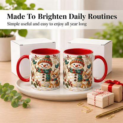 #pl[11oz|Red] Snowman and Corgi Coffee Mug, Christmas Snowman Mug, Ceramic Cup
