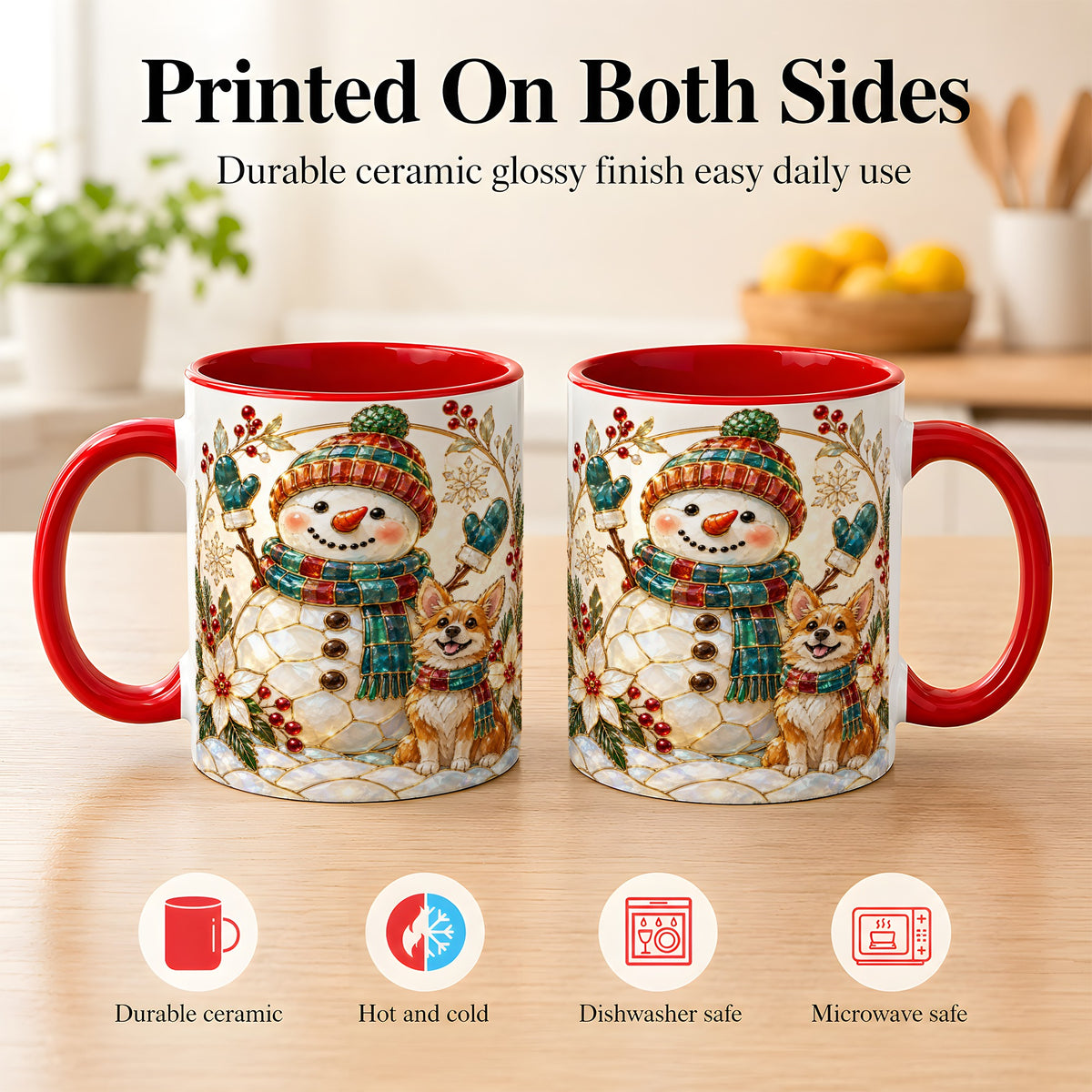 #pl[11oz|Red] Snowman and Corgi Coffee Mug, Christmas Snowman Mug, Ceramic Cup