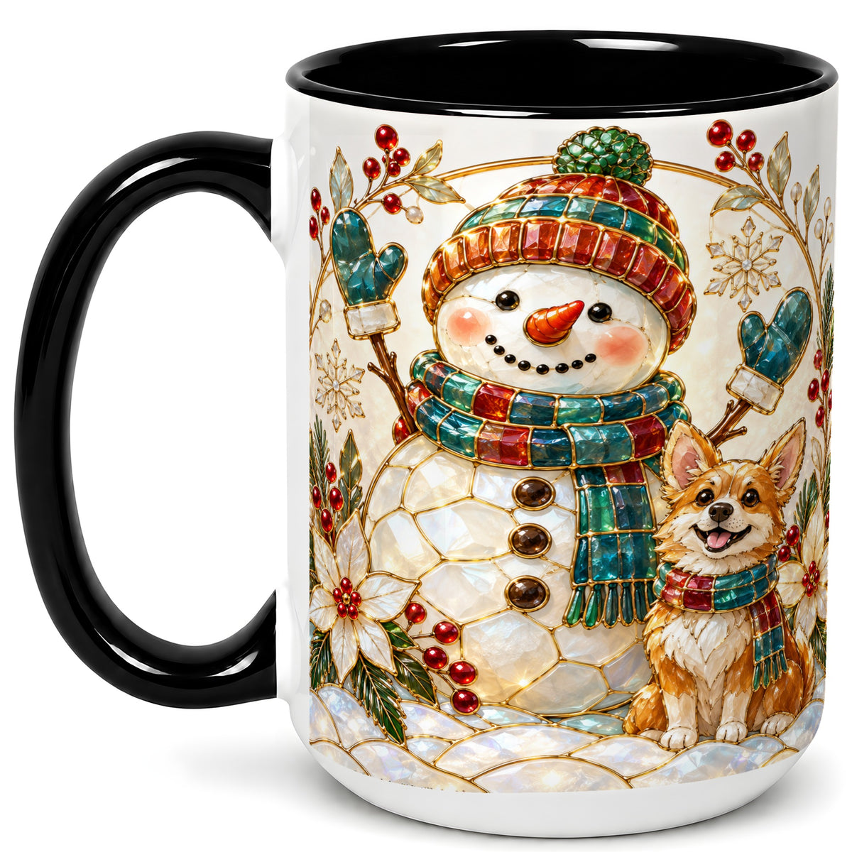 #pl[15oz|Black] Snowman and Corgi Coffee Mug, Christmas Snowman Mug, Ceramic Cup