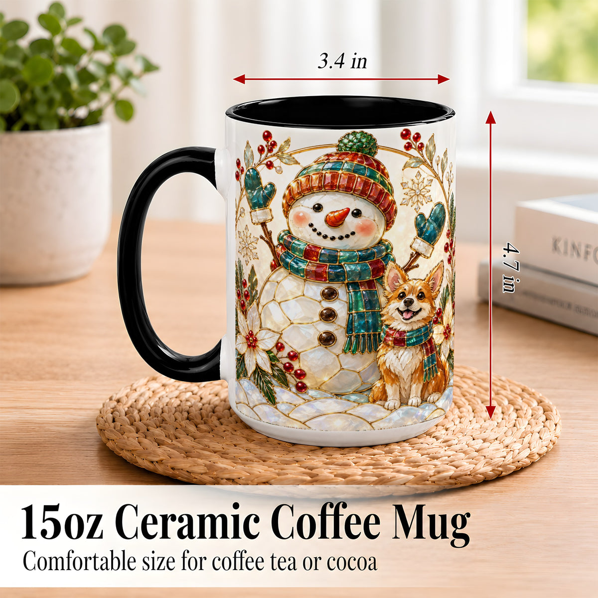 #pl[15oz|Black] Snowman and Corgi Coffee Mug, Christmas Snowman Mug, Ceramic Cup