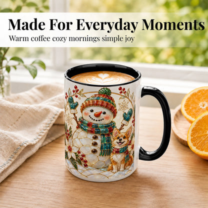 #pl[15oz|Black] Snowman and Corgi Coffee Mug, Christmas Snowman Mug, Ceramic Cup