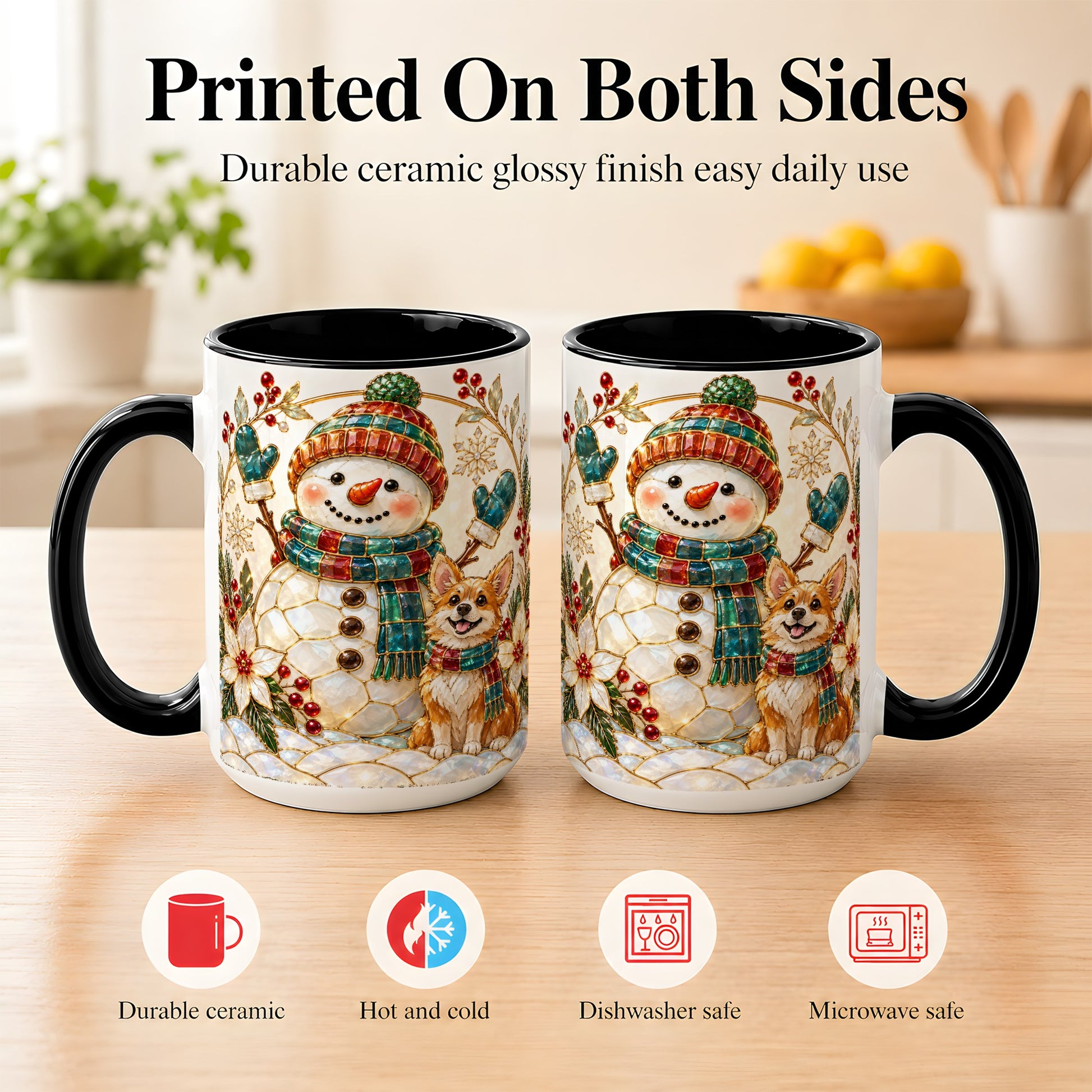 #pl[15oz|Black] Snowman and Corgi Coffee Mug, Christmas Snowman Mug, Ceramic Cup