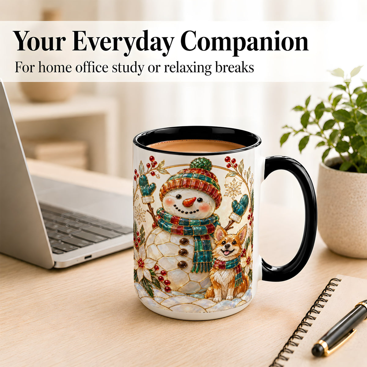 #pl[15oz|Black] Snowman and Corgi Coffee Mug, Christmas Snowman Mug, Ceramic Cup