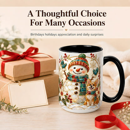 #pl[15oz|Black] Snowman and Corgi Coffee Mug, Christmas Snowman Mug, Ceramic Cup