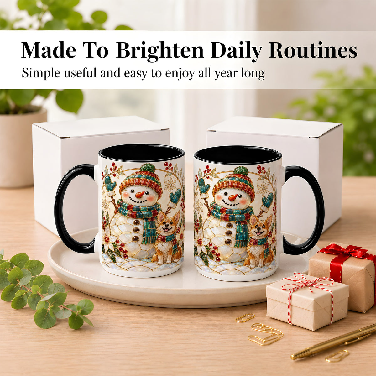 #pl[15oz|Black] Snowman and Corgi Coffee Mug, Christmas Snowman Mug, Ceramic Cup