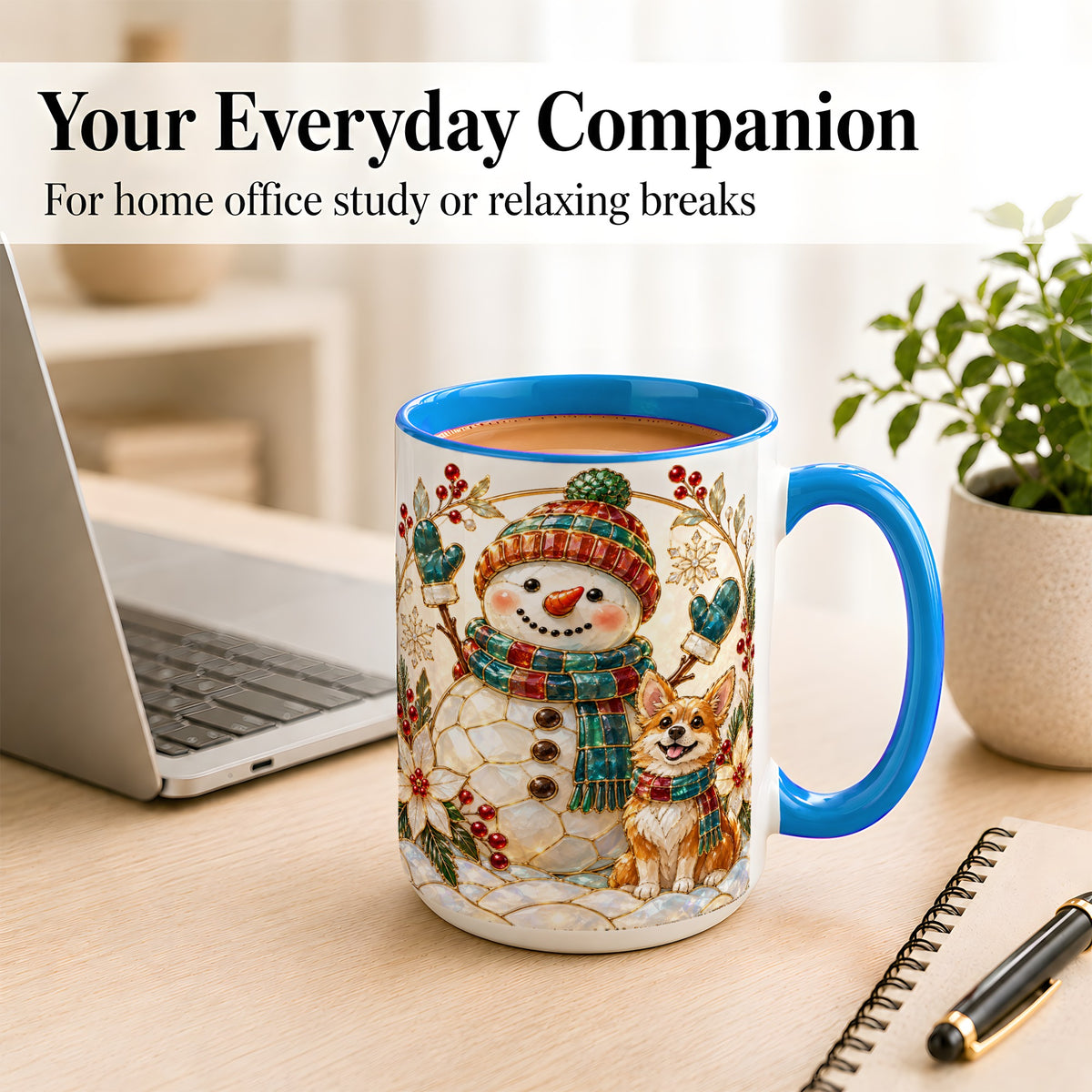 #pl[15oz|Blue] Snowman and Corgi Coffee Mug, Christmas Snowman Mug, Ceramic Cup