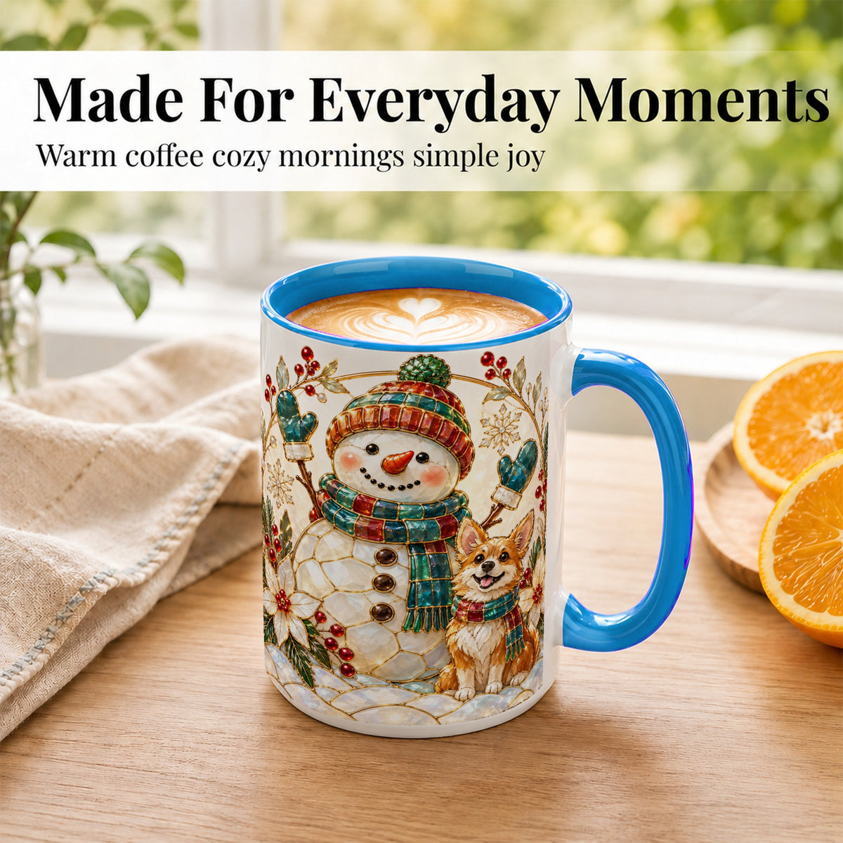 #pl[15oz|Blue] Snowman and Corgi Coffee Mug, Christmas Snowman Mug, Ceramic Cup
