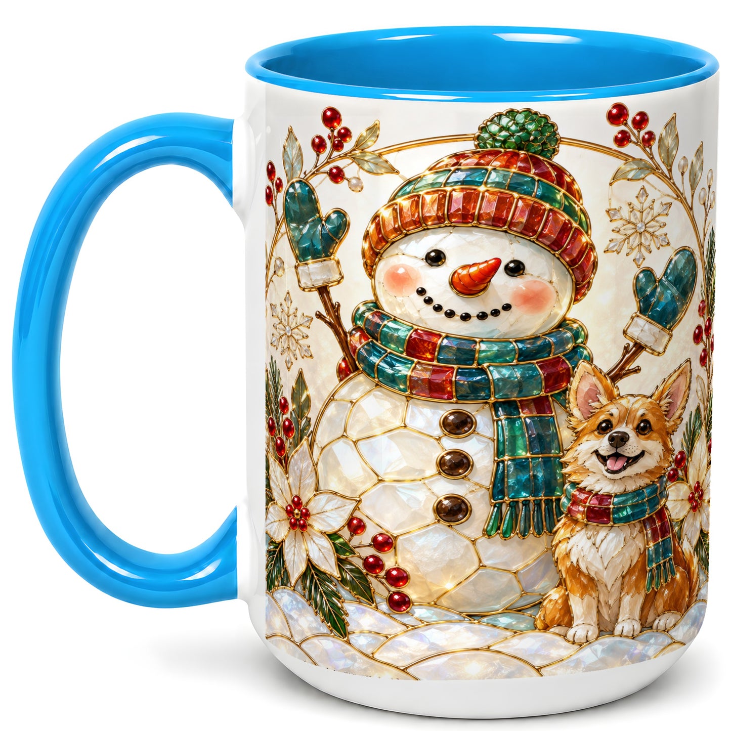#pl[15oz|Blue] Snowman and Corgi Coffee Mug, Christmas Snowman Mug, Ceramic Cup
