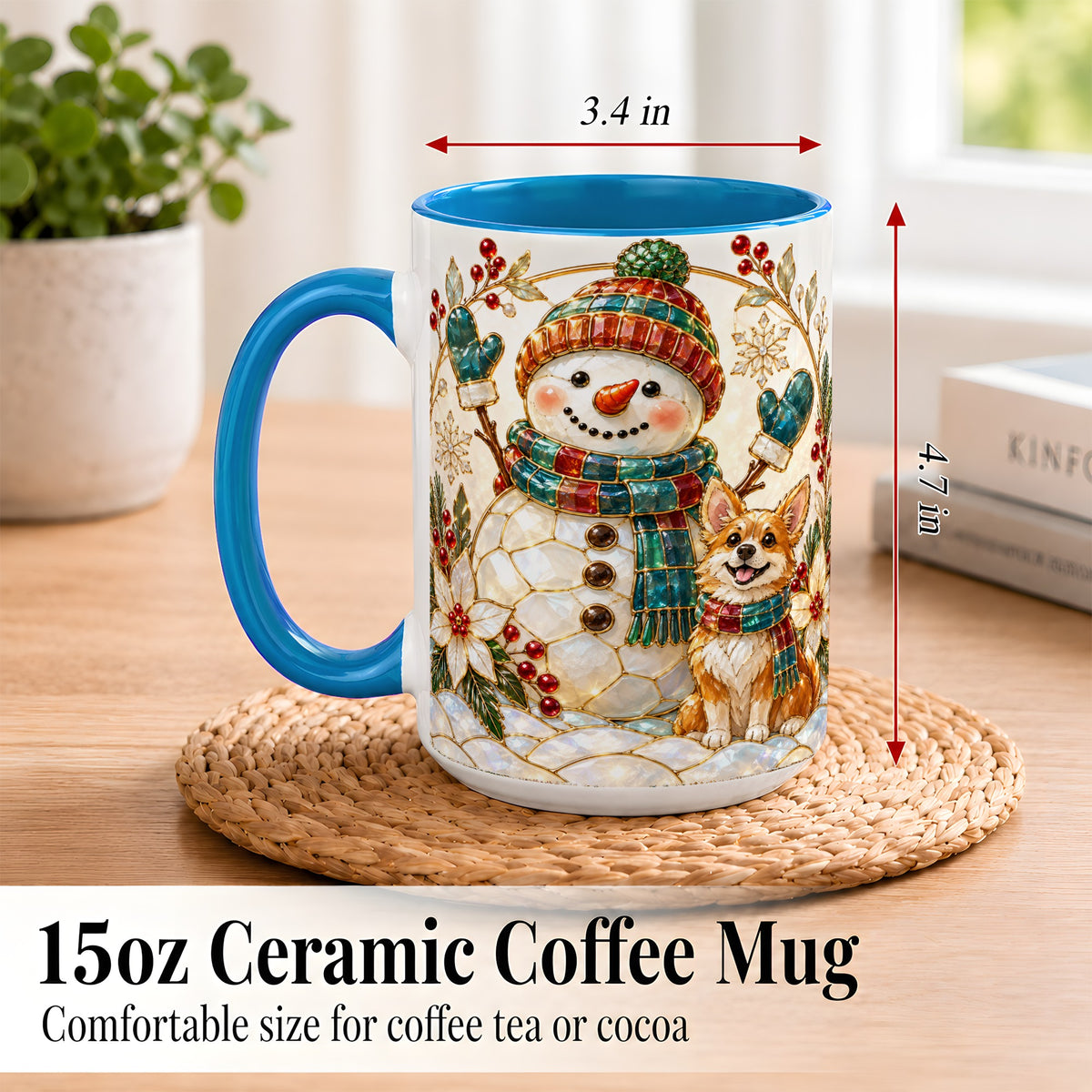 #pl[15oz|Blue] Snowman and Corgi Coffee Mug, Christmas Snowman Mug, Ceramic Cup