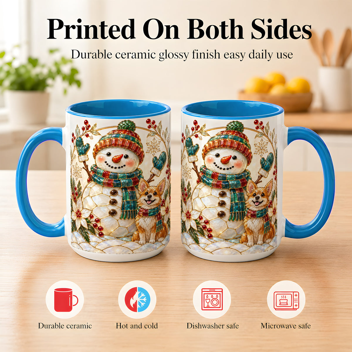 #pl[15oz|Blue] Snowman and Corgi Coffee Mug, Christmas Snowman Mug, Ceramic Cup