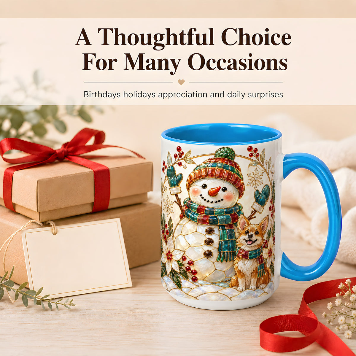 #pl[15oz|Blue] Snowman and Corgi Coffee Mug, Christmas Snowman Mug, Ceramic Cup