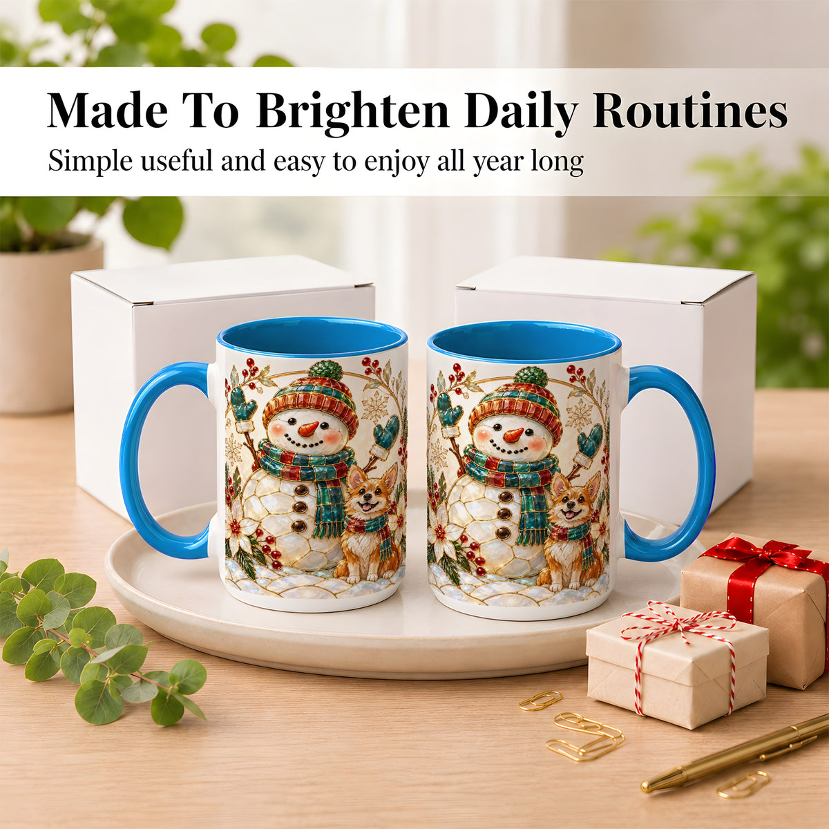 #pl[15oz|Blue] Snowman and Corgi Coffee Mug, Christmas Snowman Mug, Ceramic Cup