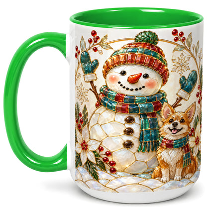 #pl[15oz|Green] Snowman and Corgi Coffee Mug, Christmas Snowman Mug, Ceramic Cup