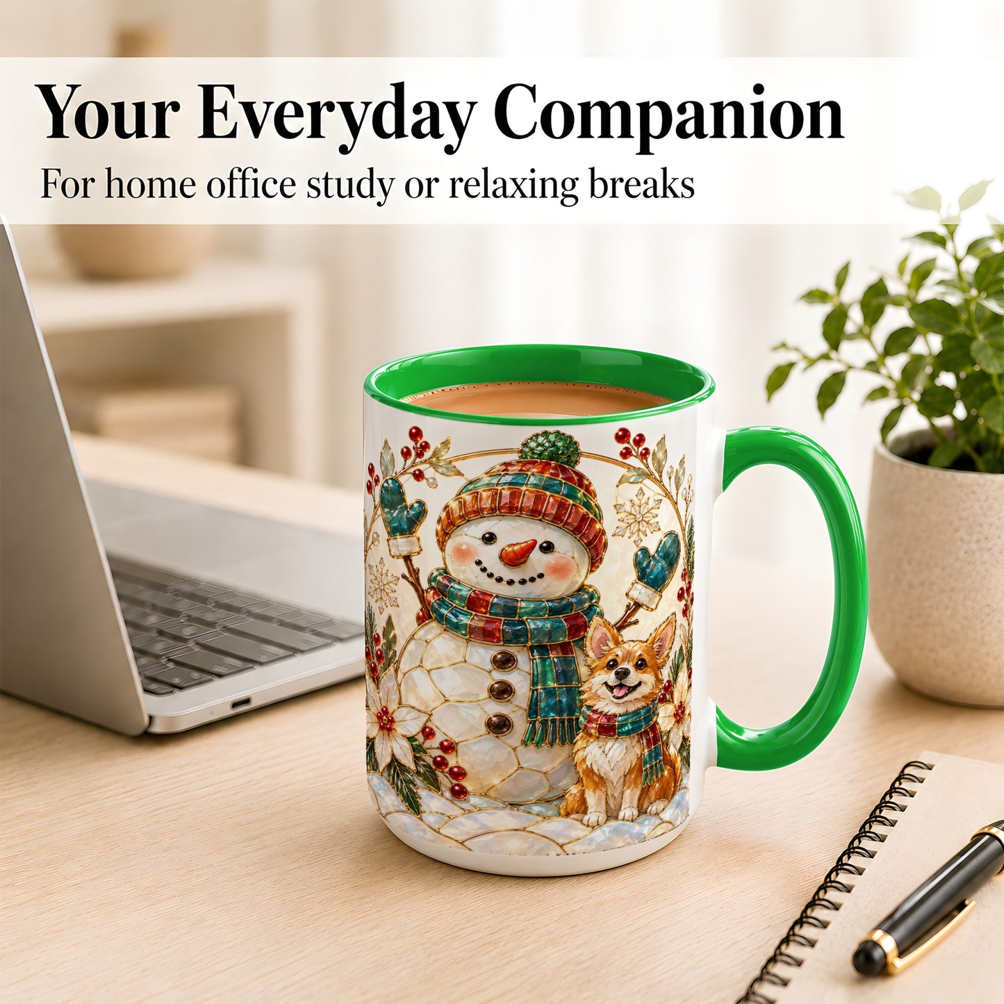 #pl[15oz|Green] Snowman and Corgi Coffee Mug, Christmas Snowman Mug, Ceramic Cup
