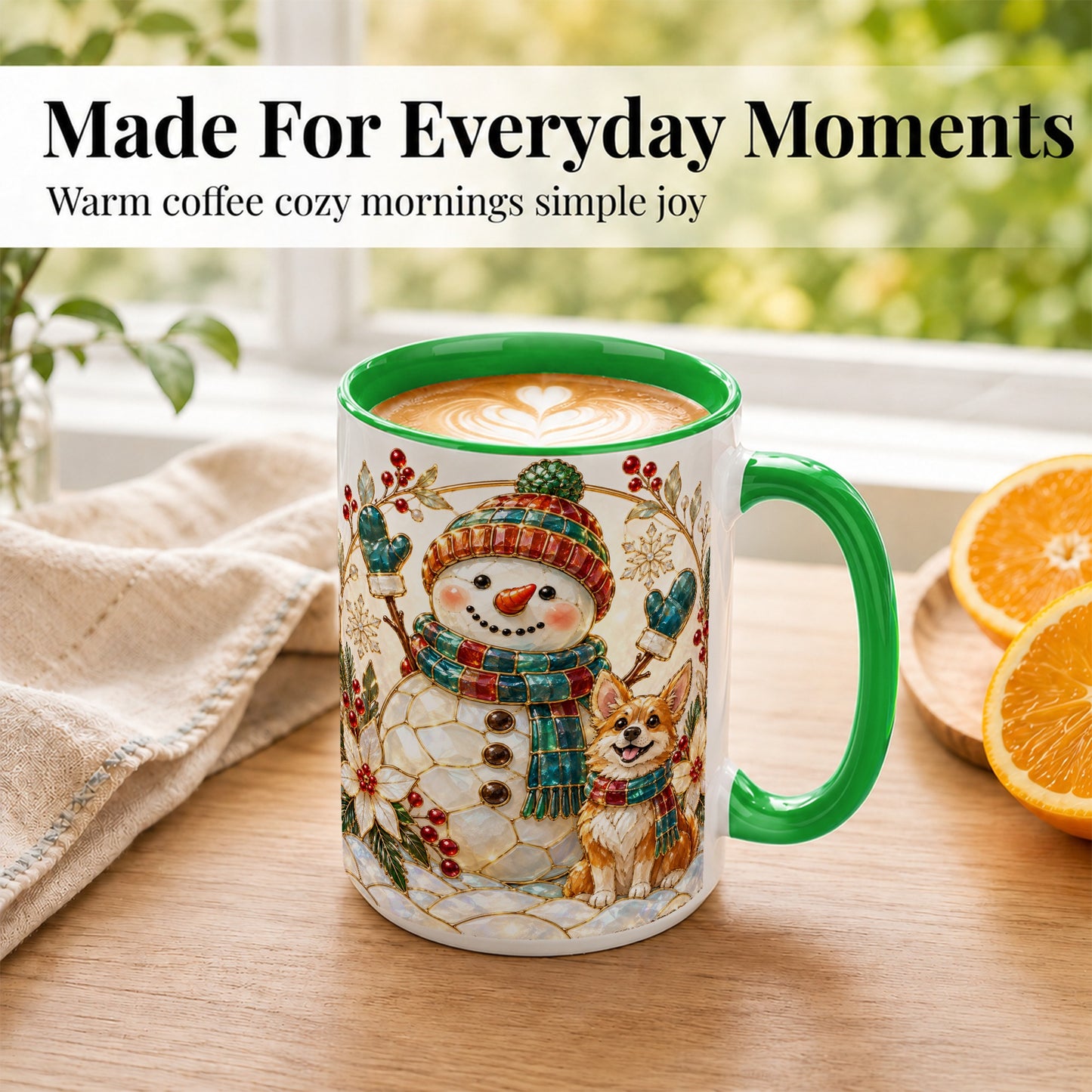 #pl[15oz|Green] Snowman and Corgi Coffee Mug, Christmas Snowman Mug, Ceramic Cup
