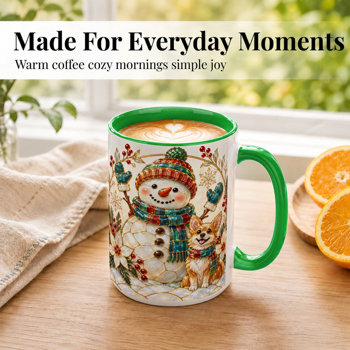 #pl[15oz|Green] Snowman and Corgi Coffee Mug, Christmas Snowman Mug, Ceramic Cup