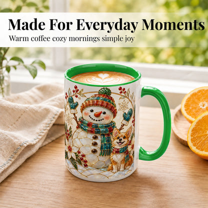 #pl[15oz|Green] Snowman and Corgi Coffee Mug, Christmas Snowman Mug, Ceramic Cup