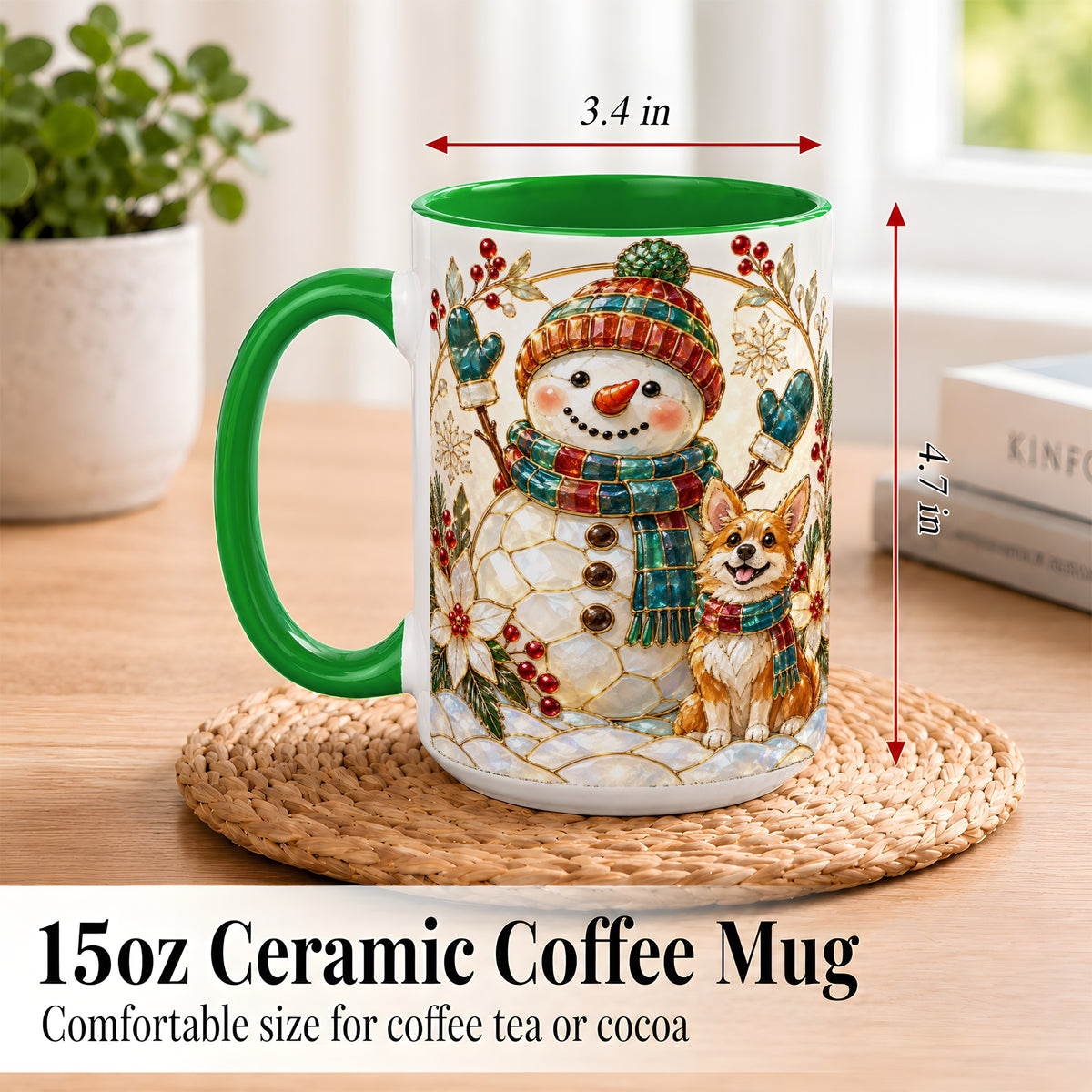 #pl[15oz|Green] Snowman and Corgi Coffee Mug, Christmas Snowman Mug, Ceramic Cup