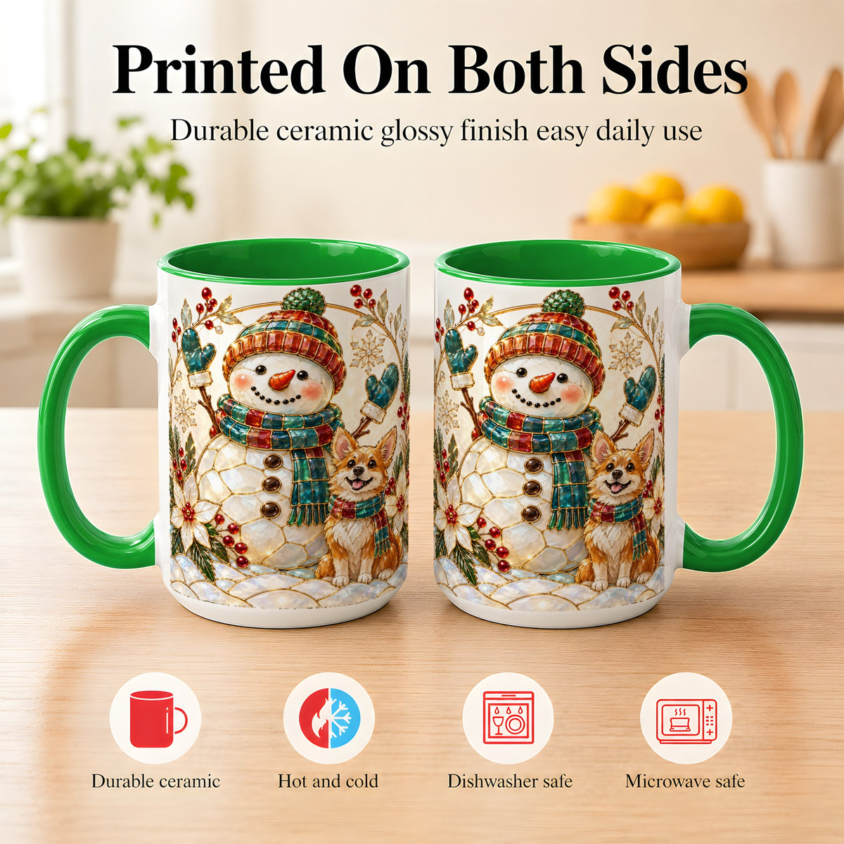 #pl[15oz|Green] Snowman and Corgi Coffee Mug, Christmas Snowman Mug, Ceramic Cup