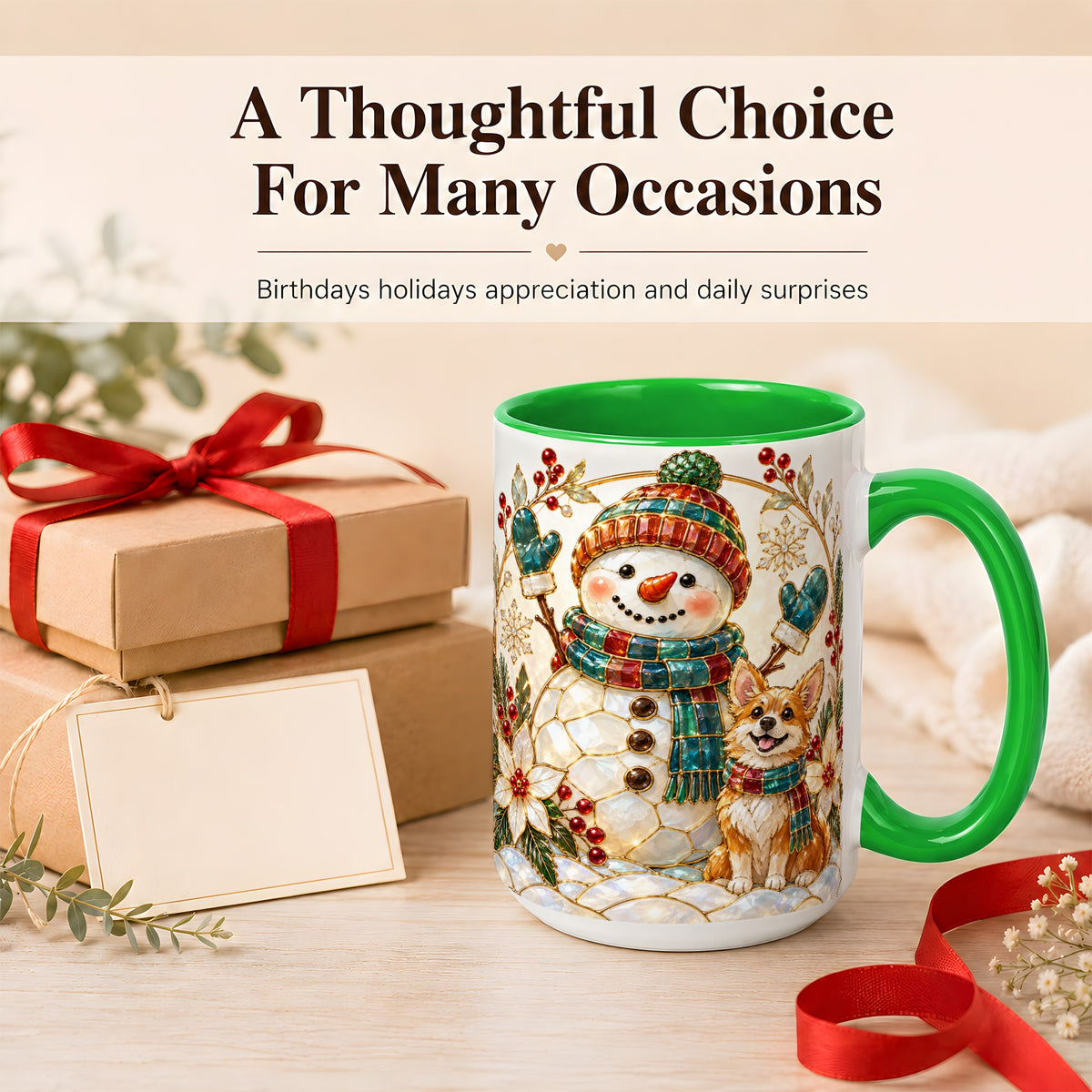 #pl[15oz|Green] Snowman and Corgi Coffee Mug, Christmas Snowman Mug, Ceramic Cup