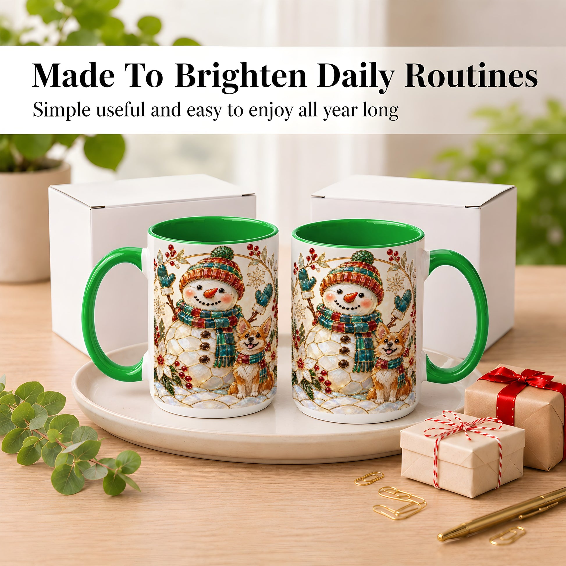 #pl[15oz|Green] Snowman and Corgi Coffee Mug, Christmas Snowman Mug, Ceramic Cup