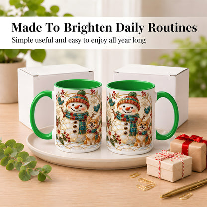 #pl[15oz|Green] Snowman and Corgi Coffee Mug, Christmas Snowman Mug, Ceramic Cup