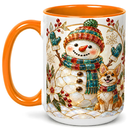 #pl[15oz|Orange] Snowman and Corgi Coffee Mug, Christmas Snowman Mug, Ceramic Cup