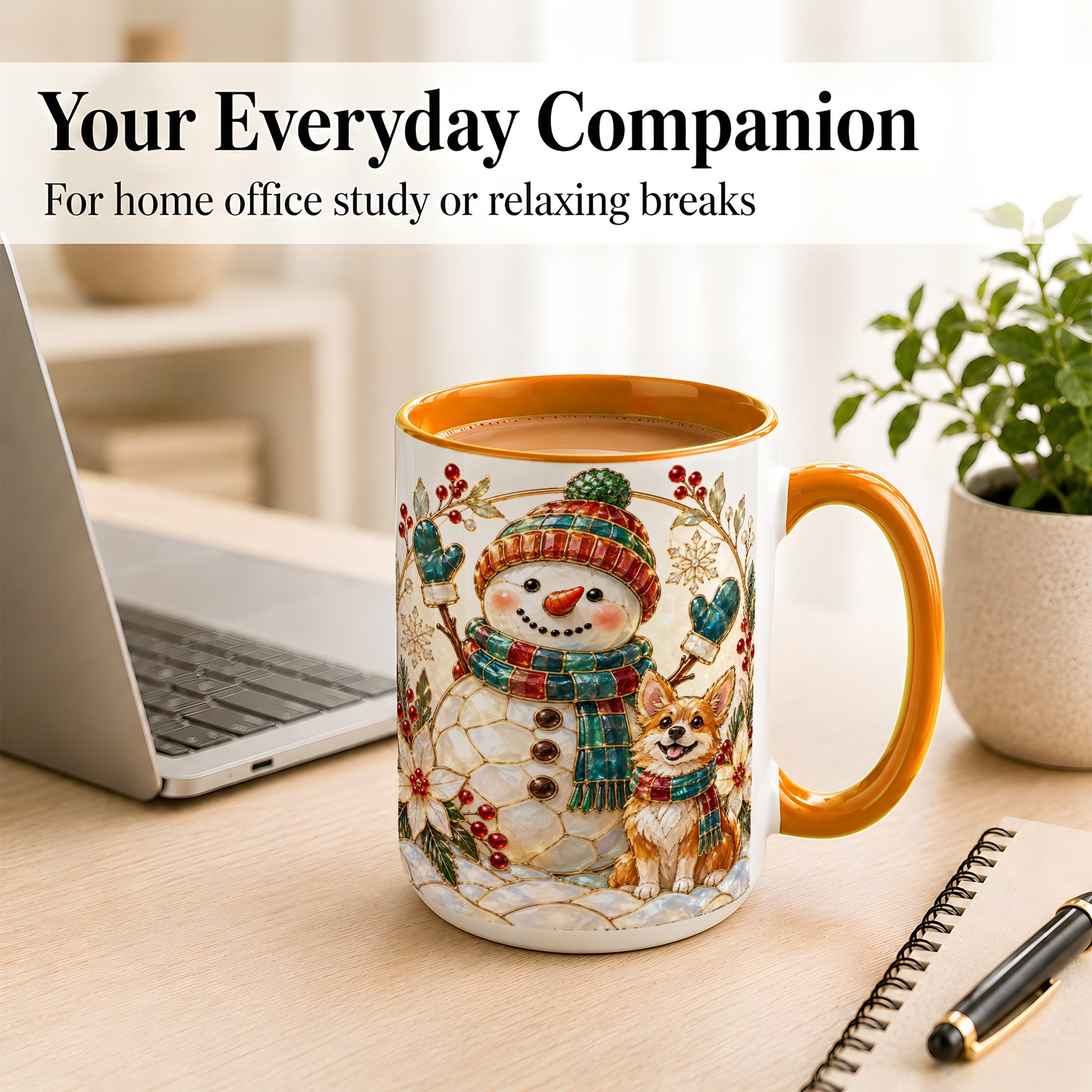 #pl[15oz|Orange] Snowman and Corgi Coffee Mug, Christmas Snowman Mug, Ceramic Cup