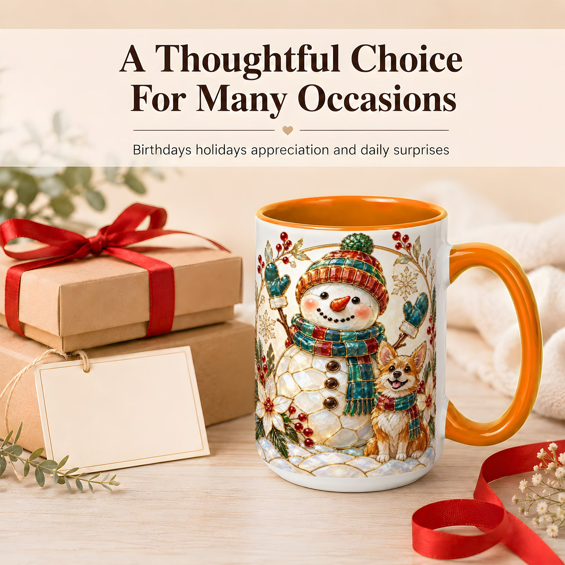 #pl[15oz|Orange] Snowman and Corgi Coffee Mug, Christmas Snowman Mug, Ceramic Cup
