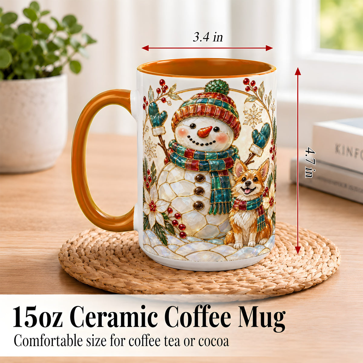 #pl[15oz|Orange] Snowman and Corgi Coffee Mug, Christmas Snowman Mug, Ceramic Cup