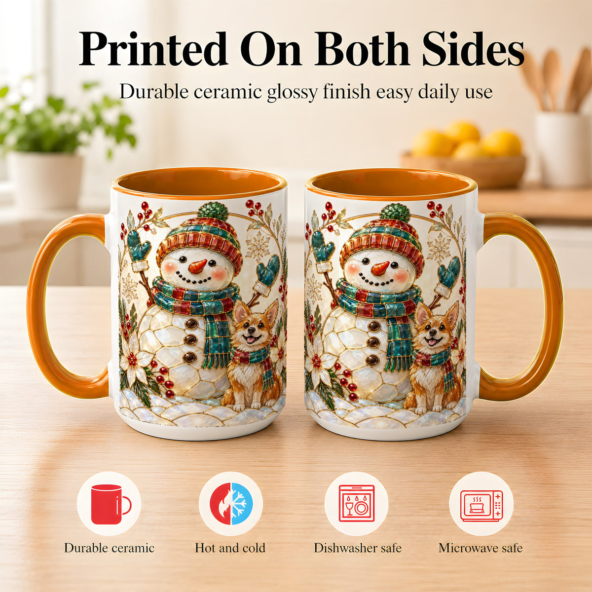 #pl[15oz|Orange] Snowman and Corgi Coffee Mug, Christmas Snowman Mug, Ceramic Cup