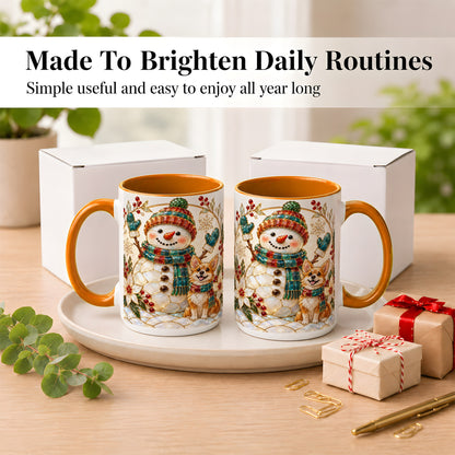 #pl[15oz|Orange] Snowman and Corgi Coffee Mug, Christmas Snowman Mug, Ceramic Cup