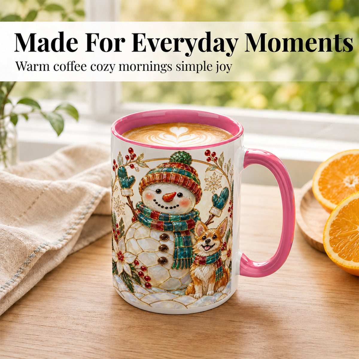 #pl[15oz|Pink] Snowman and Corgi Coffee Mug, Christmas Snowman Mug, Ceramic Cup